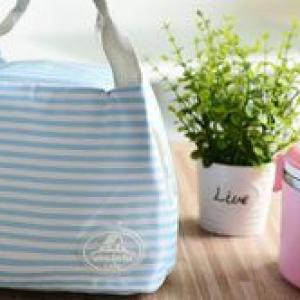 Portable Insulated Thermal Lunch Bag - Blue Strip